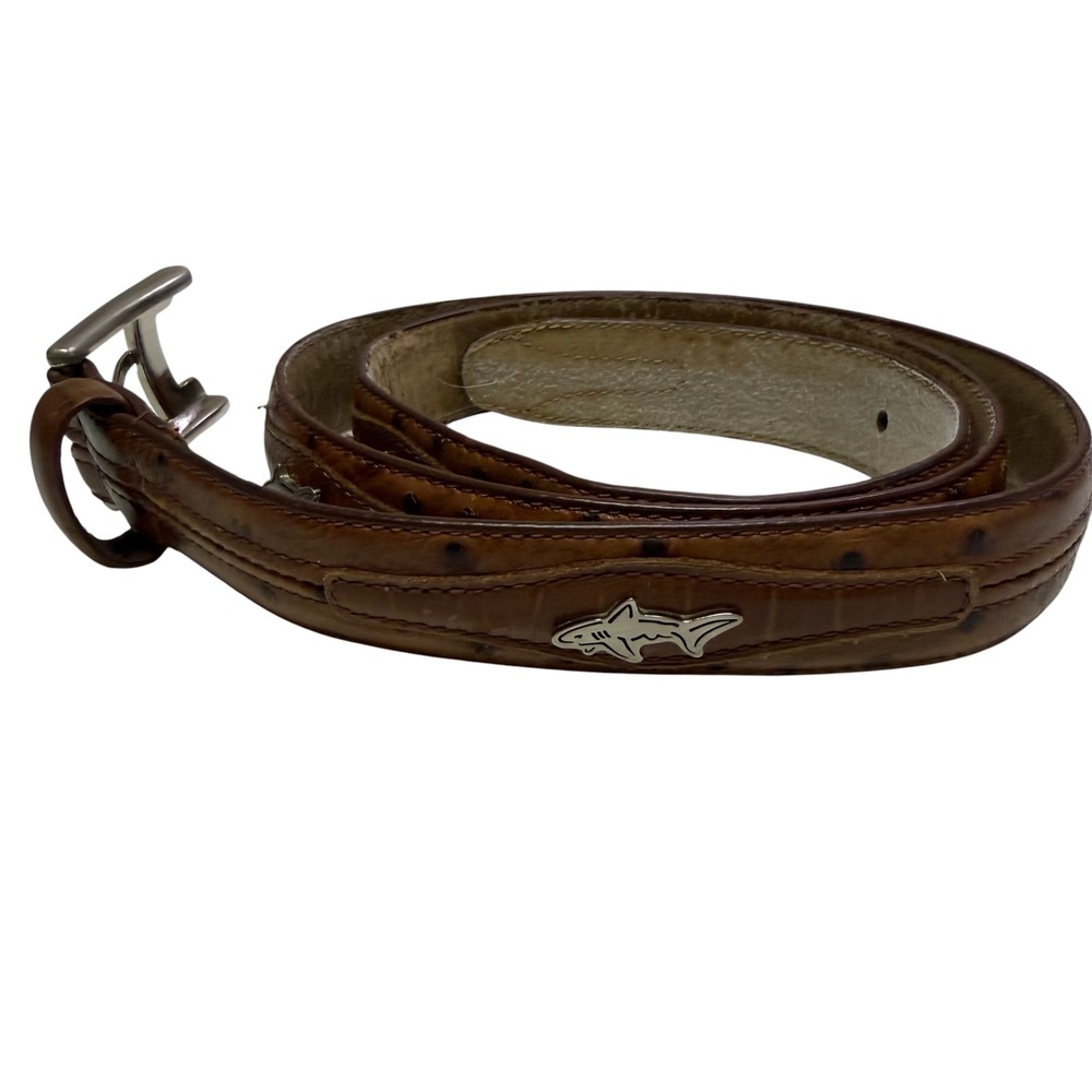 VTG Greg Norman Yachting Brown Ostrich Leather‎ Belt Silver Shark Logo GNL010